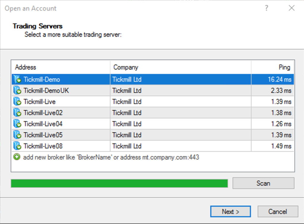 Ping Latency Broker Tickmill lokasi Server UK